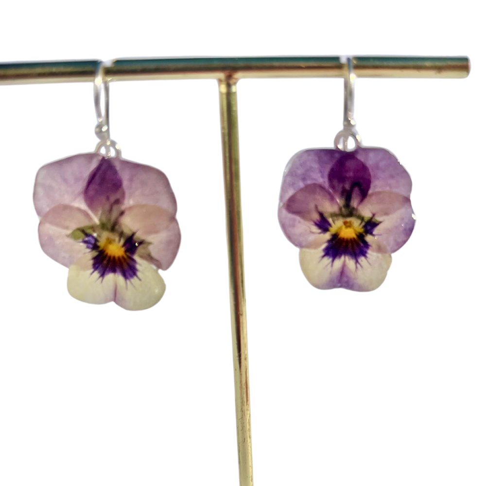 VIOLETTA øredobber, ekte stemorsblomst Viola tricolor, 925 sølv ørekroker