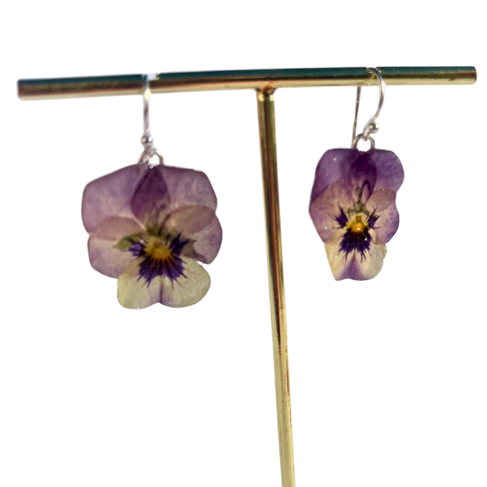 VIOLETTA øredobber, ekte stemorsblomst Viola tricolor, 925 sølv ørekroker
