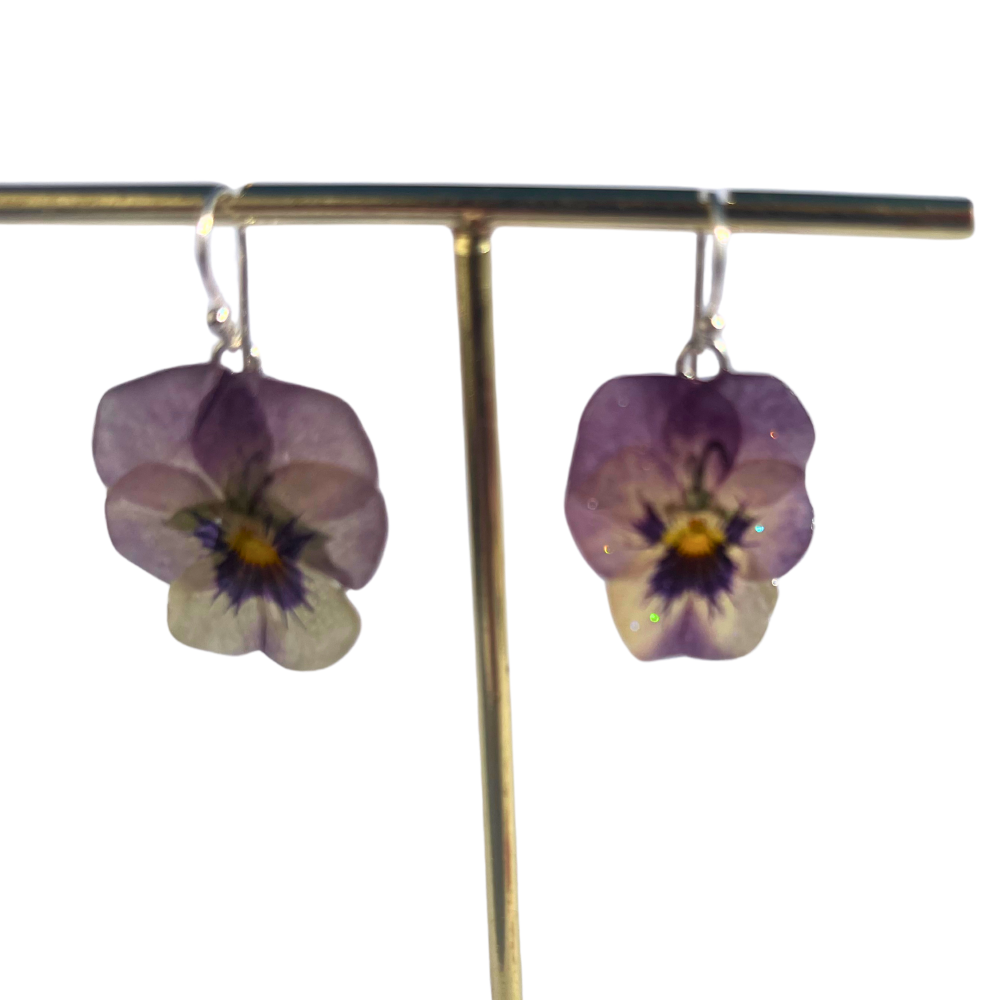 VIOLETTA øredobber, ekte stemorsblomst Viola tricolor, 925 sølv ørekroker