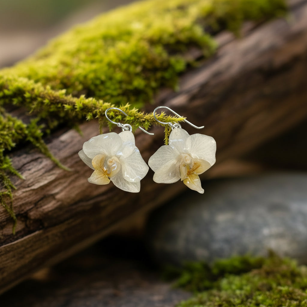 MINIATYR ORKIDÉ øredobber - ekte tørkede blomster