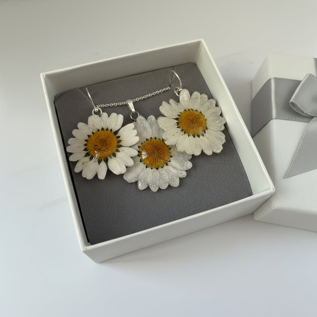 MARGERITT blomstersmykke, ekte tørket blomst