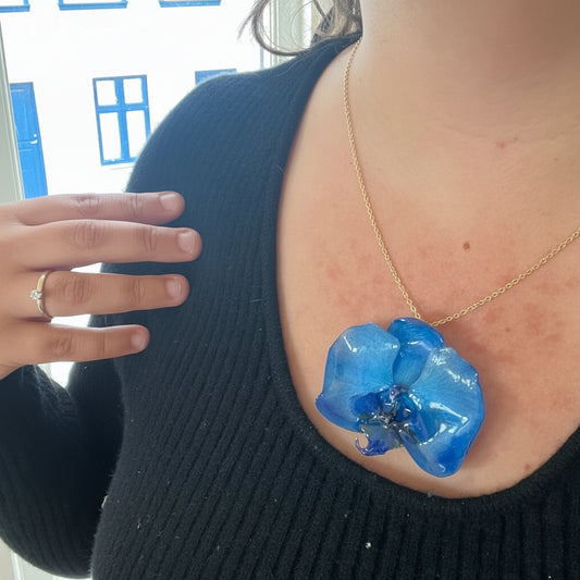 BLÅ ORKIDÉ blomstersmykke, ekte 3D-tørkrt blomst, 925 sølvkjede - KNASK