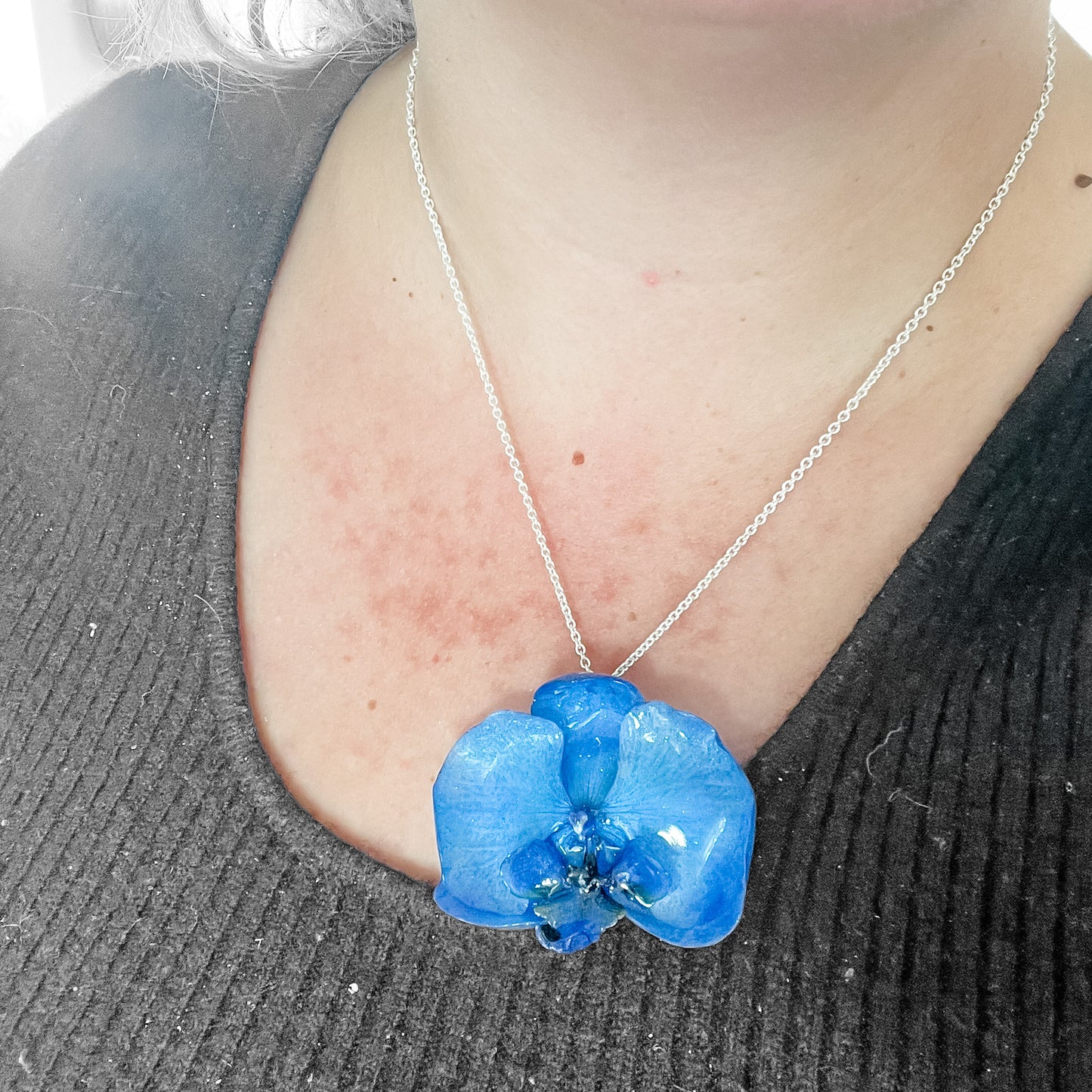 BLÅ ORKIDÉ blomstersmykke, ekte 3D-tørkrt blomst, 925 sølvkjede