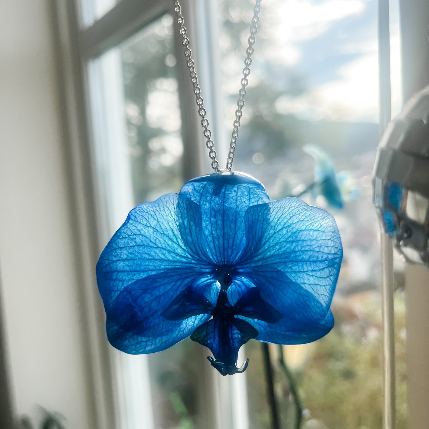 BLÅ ORKIDÉ blomstersmykke, ekte 3D-tørkrt blomst, 925 sølvkjede