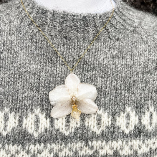 BEIGE ORKIDÉ blomstersmykke, ekte 3D-tørkrt blomst, 925 sølvkjede - KNASK