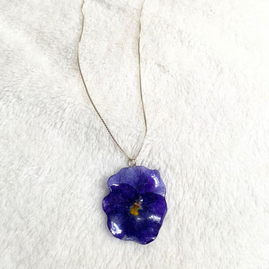 Blå fiol blomster-smykke, 925 sølvkjede, ekte stemorsblomst - KNASK