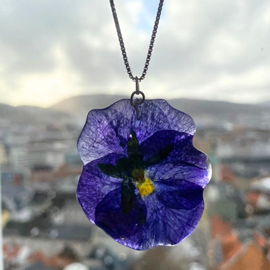Blå fiol blomster-smykke, 925 sølvkjede, ekte stemorsblomst - KNASK