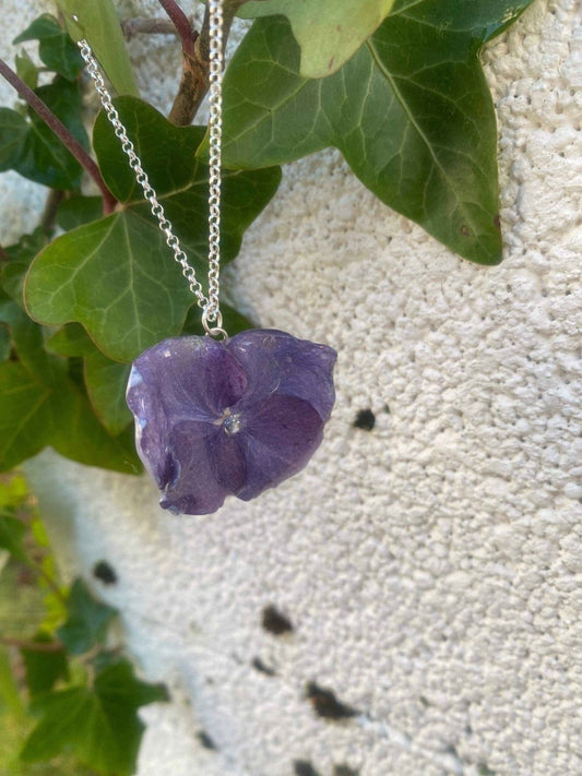 BLÅLILLA HORTENSIA blomstersmykke, ekte 3D-tørket blomst, 925 sølvkjede - KNASK