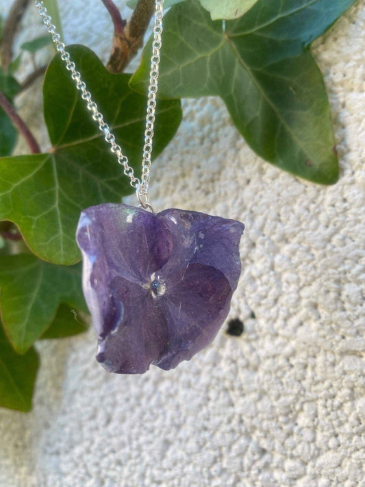 BLÅLILLA HORTENSIA blomstersmykke, ekte 3D-tørket blomst, 925 sølvkjede - KNASK