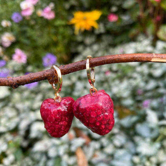 Bringebær øredobber, 3D, ekte tørket frukt, 925 sølv - KNASK