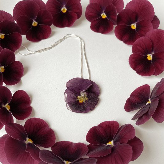 BURGUNDER FIOL blomstersmykke, ekte stemorsblomst, 925 sølvkjede - Smykke KNASK