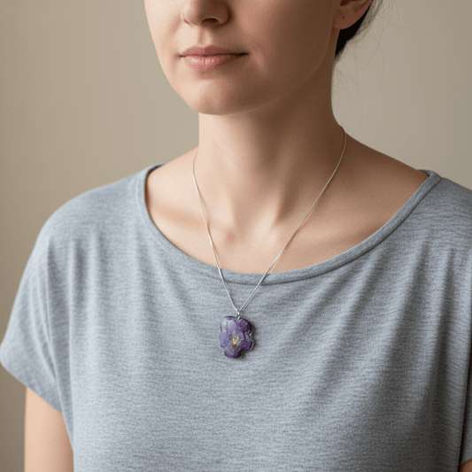 FRANKENSTEIN FIOL smykke, ekte tørket stemorsblomst, 925 sølvkjede - Smykke KNASK