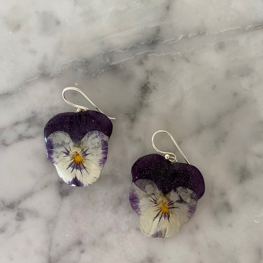 GLAMOUR fiol øredobber, ekte 3D - tørkede blomster Viola tricolor, 925 sølv - Øredobber KNASK