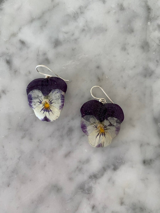 GLAMOUR fiol øredobber, ekte 3D - tørkede blomster Viola tricolor, 925 sølv - Øredobber KNASK