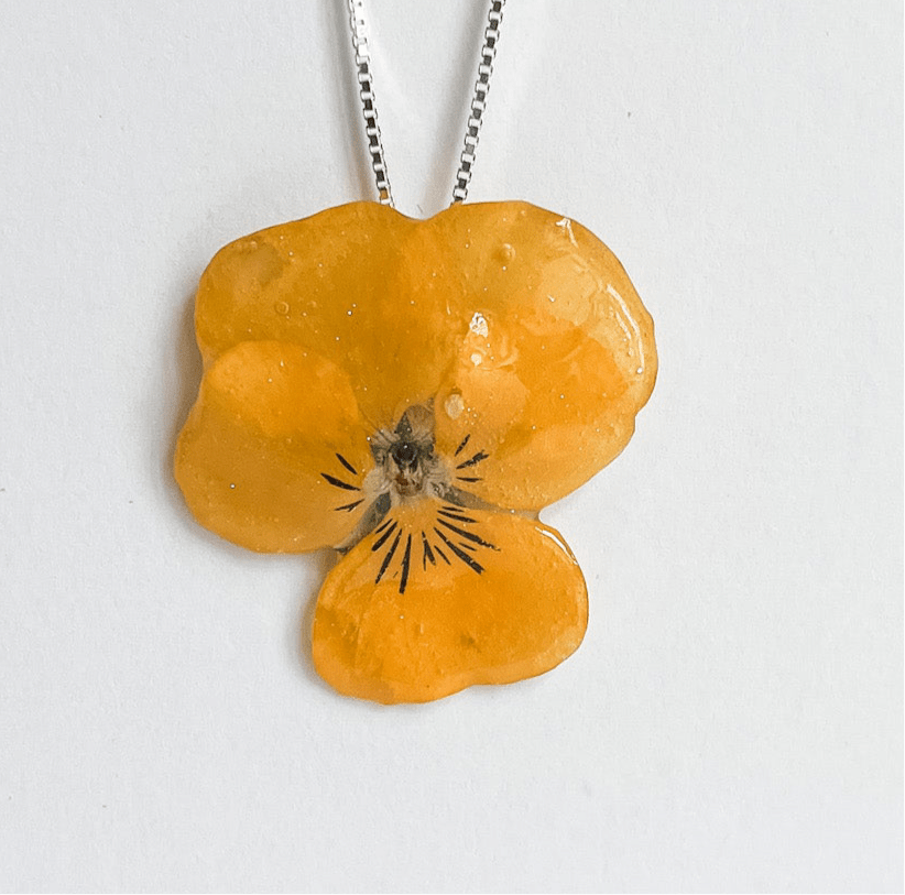 GUL FIOL blomstersmykke, sølvkjede, ekte 3D-tørket stemorsblomst - KNASK