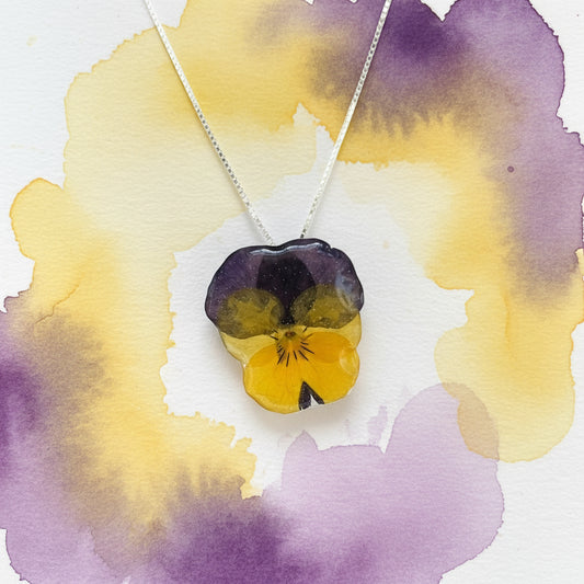 GUL OG LILLA FIOL blomstersmykke, presset stemorsblomst, 925 sølvkjede - KNASK