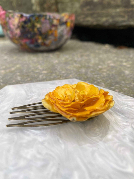 Gul rose hårspenne (kam), ekte tørket blomst - KNASK