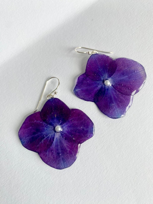 INDIGO HORTENSIA øredobber, 925 sølv, ekte tørkede blomster - KNASK