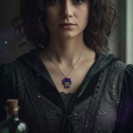 KNÆSJ LILLA FIOL blomstersmykke, presset stemorsblomst, 925 sølvkjede - KNASK