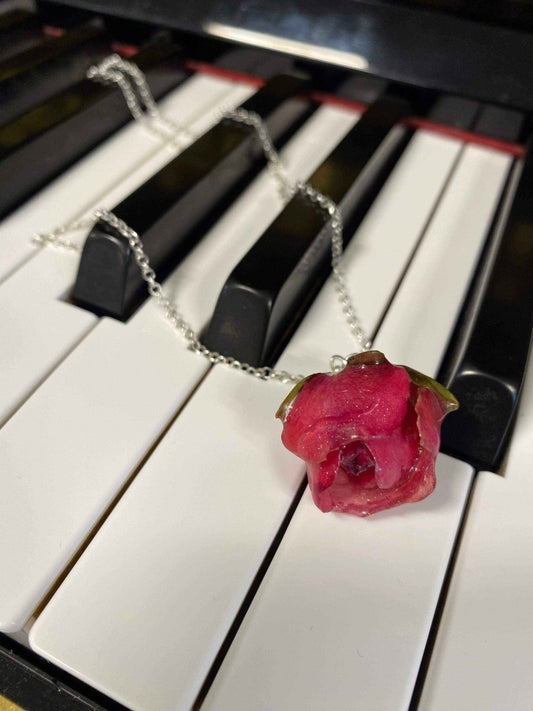 KNÆSJ ROSA ROd blomstersmykke, ekte tørket blomst, 925 sølvkjede - KNASK