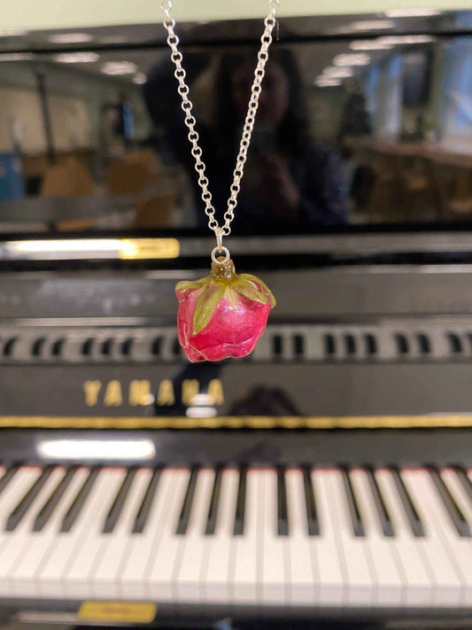 KNÆSJ ROSA ROd blomstersmykke, ekte tørket blomst, 925 sølvkjede - KNASK