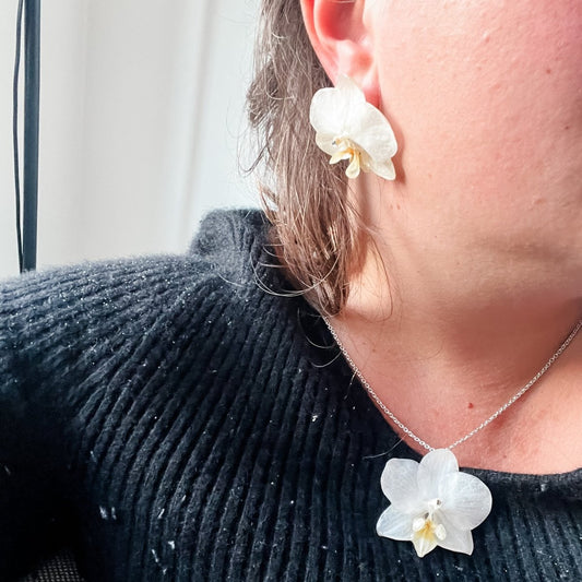 KREM ORKIDÉ blomstersmykke, ekte 3D-tørkede medium blomster, 925 sølvkjede - KNASK