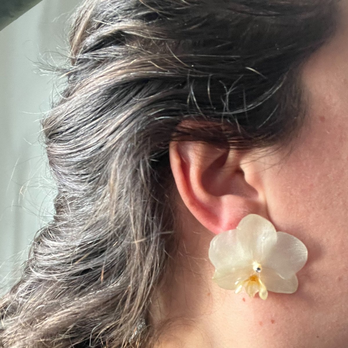 KREM ORKIDÉ øredobber, ekte 3D-tørkede medium blomster, 925 sølv - KNASK