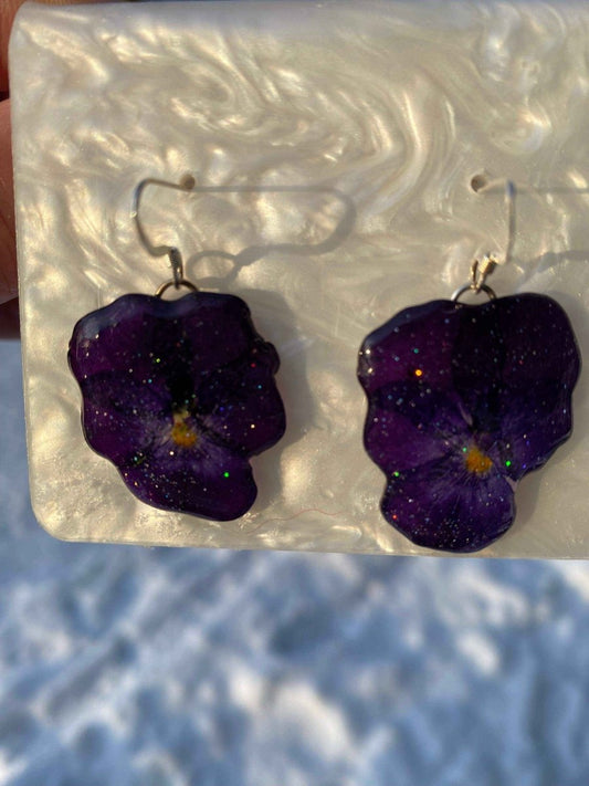 Lilla fiol-øredobber, presset stemorsblomst, 925 sølv ørekroker - KNASK