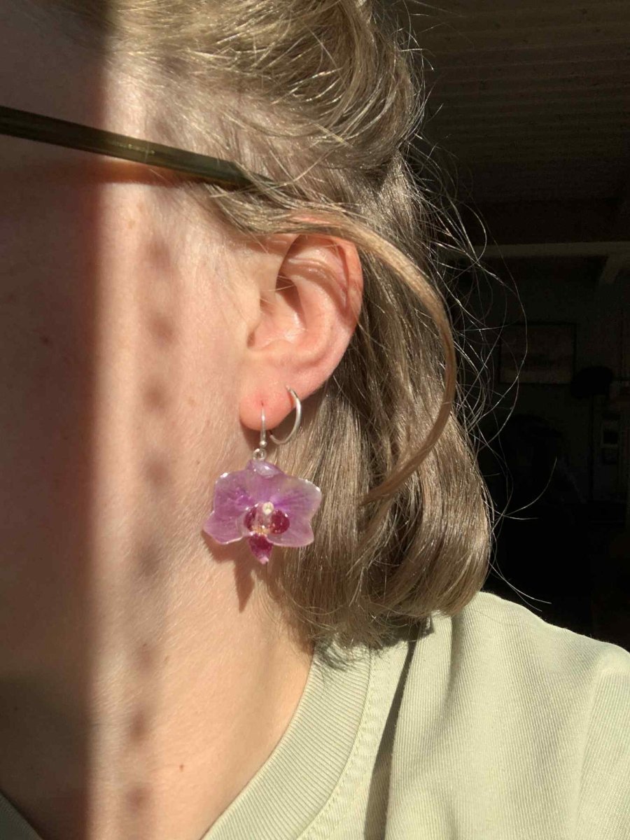 LILLA ORKIDÉ øredobber, 3D - tørkede blomster, 925 sølv - KNASK
