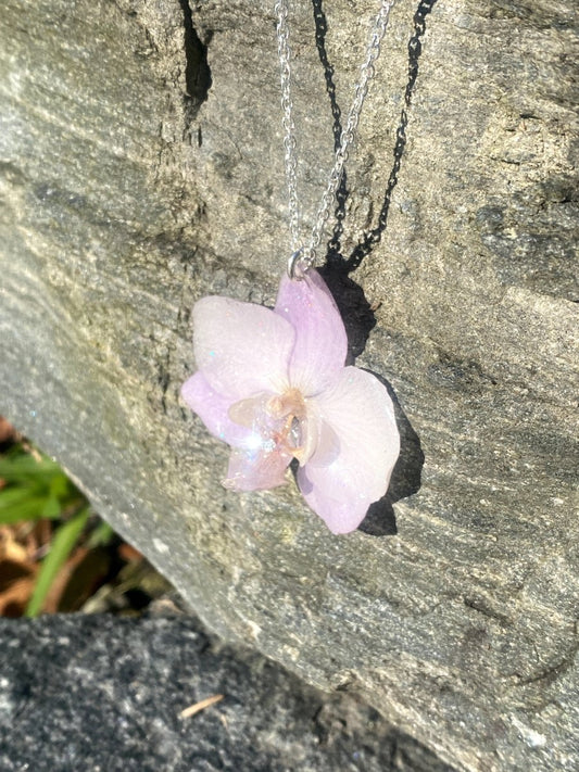 LYSEROSA ORKIDÉ blomstersmykke, 925 sølvkjede - KNASK