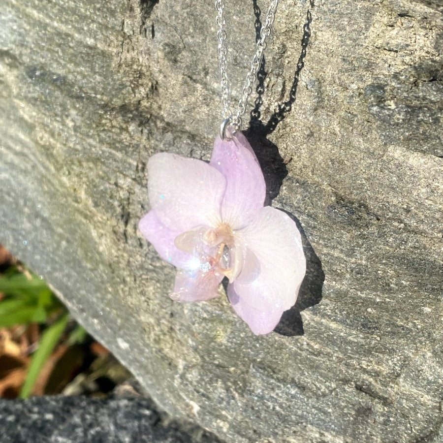LYSEROSA ORKIDÉ blomstersmykke, 925 sølvkjede - KNASK
