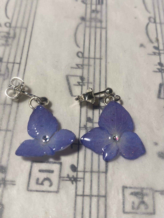 BLÅ HORTENSIA øredobber, 925 sølv, ekte tørkede blomster - KNASK