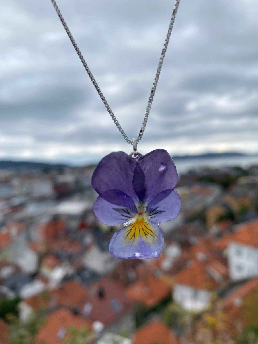 Nordlys fiol-smykke, ekte stemorsblomst, 925 sølvkjede - KNASK