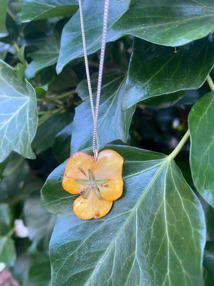 Orange fiol-smykke, ekte stemorsblomst, 925 sølvkjede - KNASK
