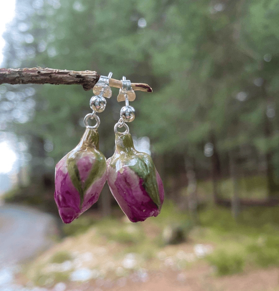 ROSA ROSEKNOPPER øredobber, 925 sølv, ekte tørkede blomster - Øredobber KNASK