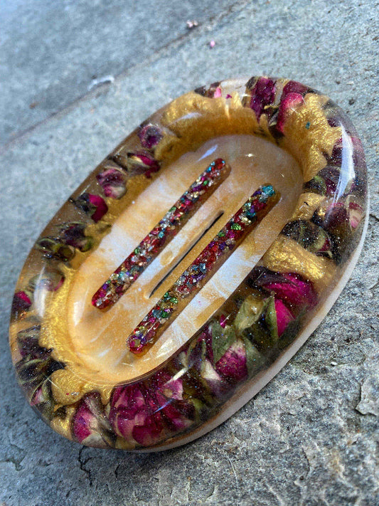 HOLOGRAFISKE ROSEKNOPPER såpeskål, ekte tørkede blomster - KNASK