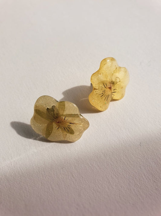 SMØRGULE FIOLER øredobber, ekte stemorsblomst, ørestift med lås - KNASK