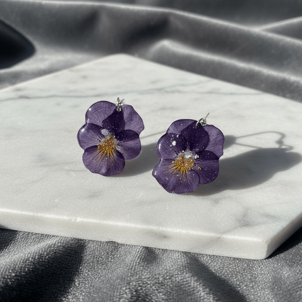 SOLBÆR - FIOLER øredobber, 3D - tørket stemorsblomst, sølv ørekroker - Øredobber KNASK