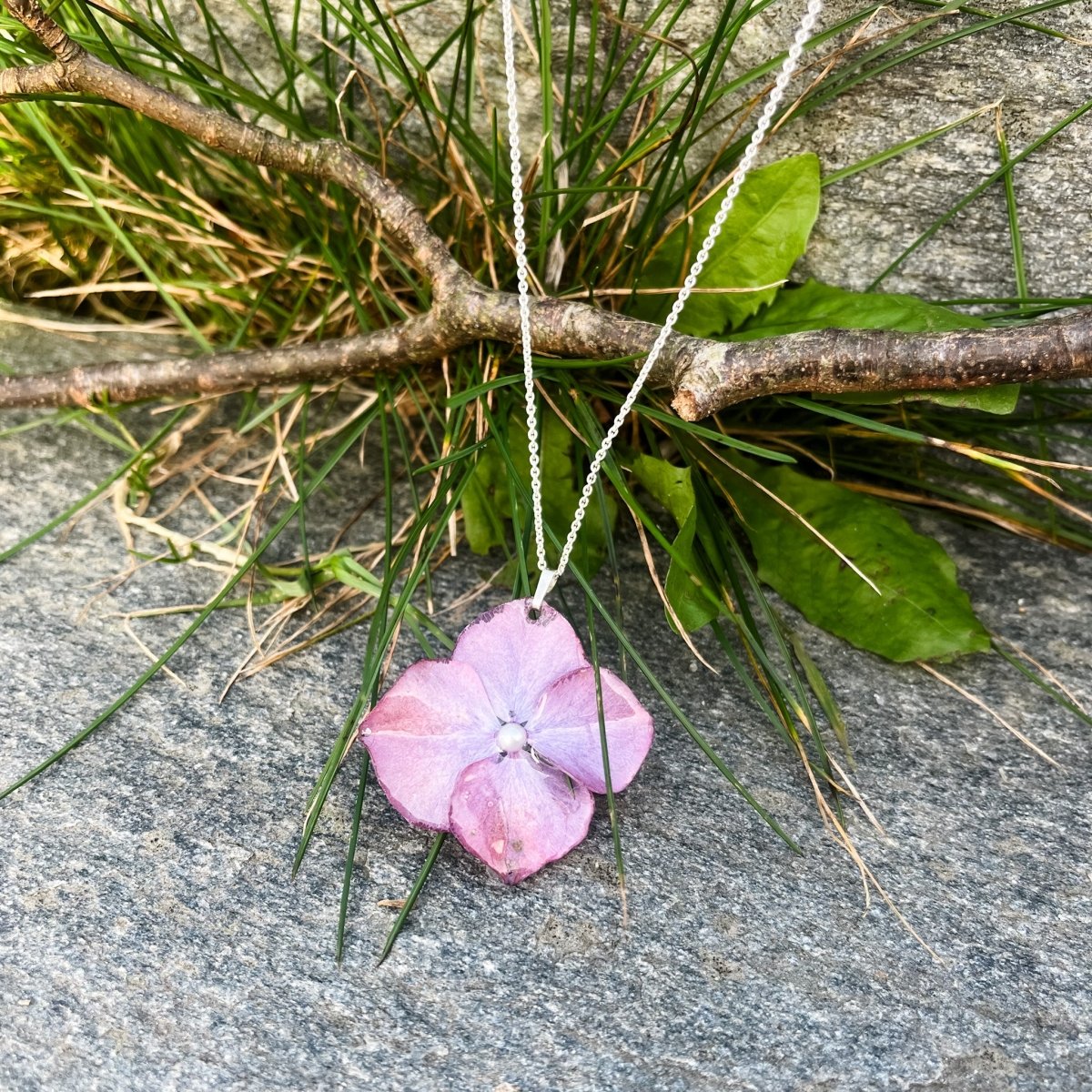 VINTAGE HORTENSIA smykke, ekte 3D - tørket blomst, 925 sølvkjede - Smykke KNASK