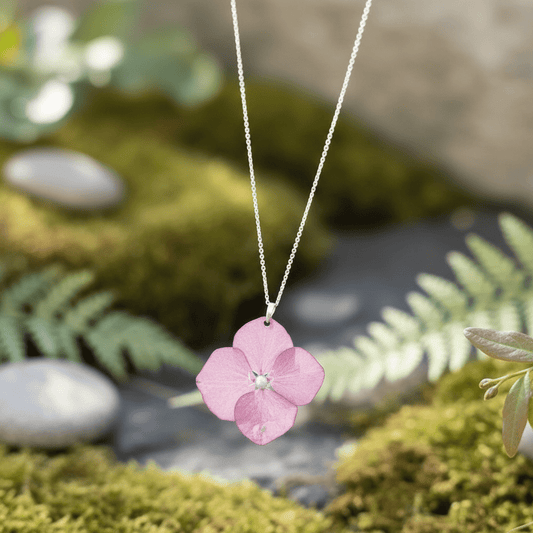 VINTAGE HORTENSIA smykke, ekte 3D - tørket blomst, 925 sølvkjede - Smykke KNASK