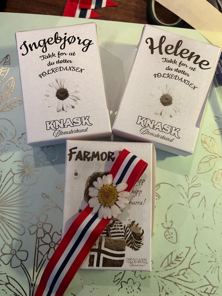 17. MAI SLØYFE brosje pins - ekte tørket blomst - KNASK
