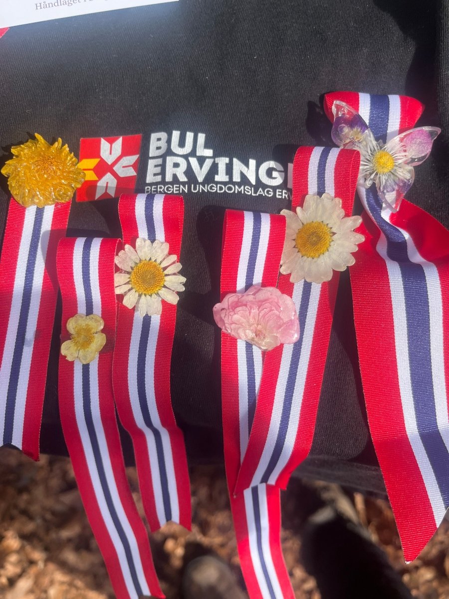 17. MAI SLØYFE brosje pins - ekte tørket blomst - KNASK