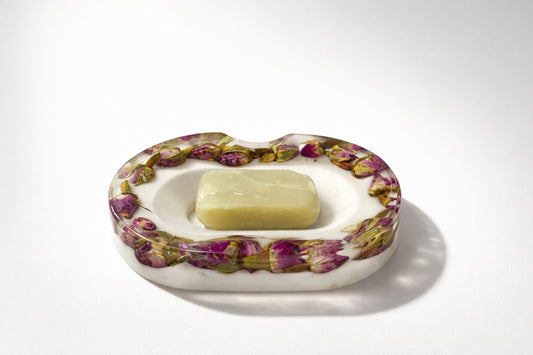 ROSA ROSEKNOPPER såpeskål – blomsterkunst av ekte tørkede roser