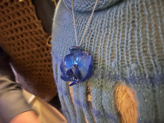 BLÅ ORKIDÉ smykke - ekte tørket blomst - sølv