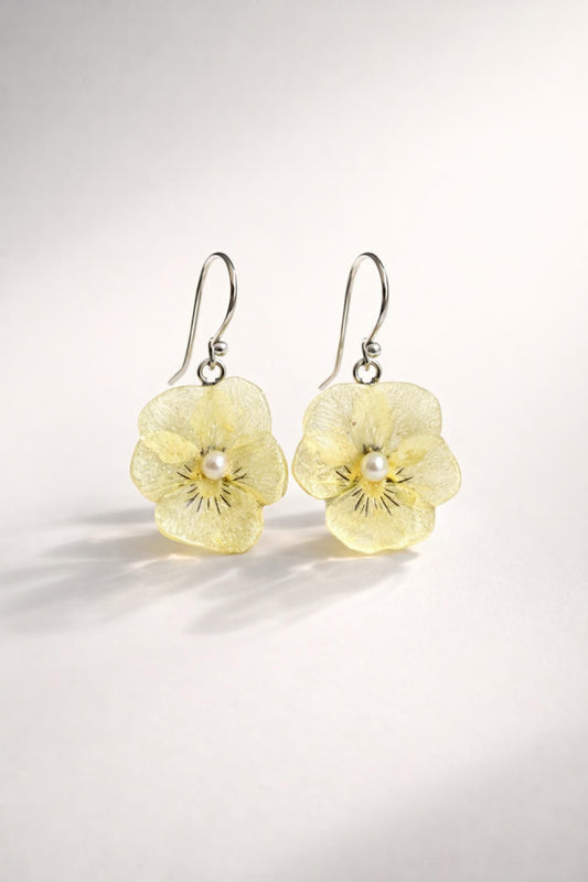 SMØRGULE FIOLER øredobber - ekte tørkede blomster, stemorsblomst