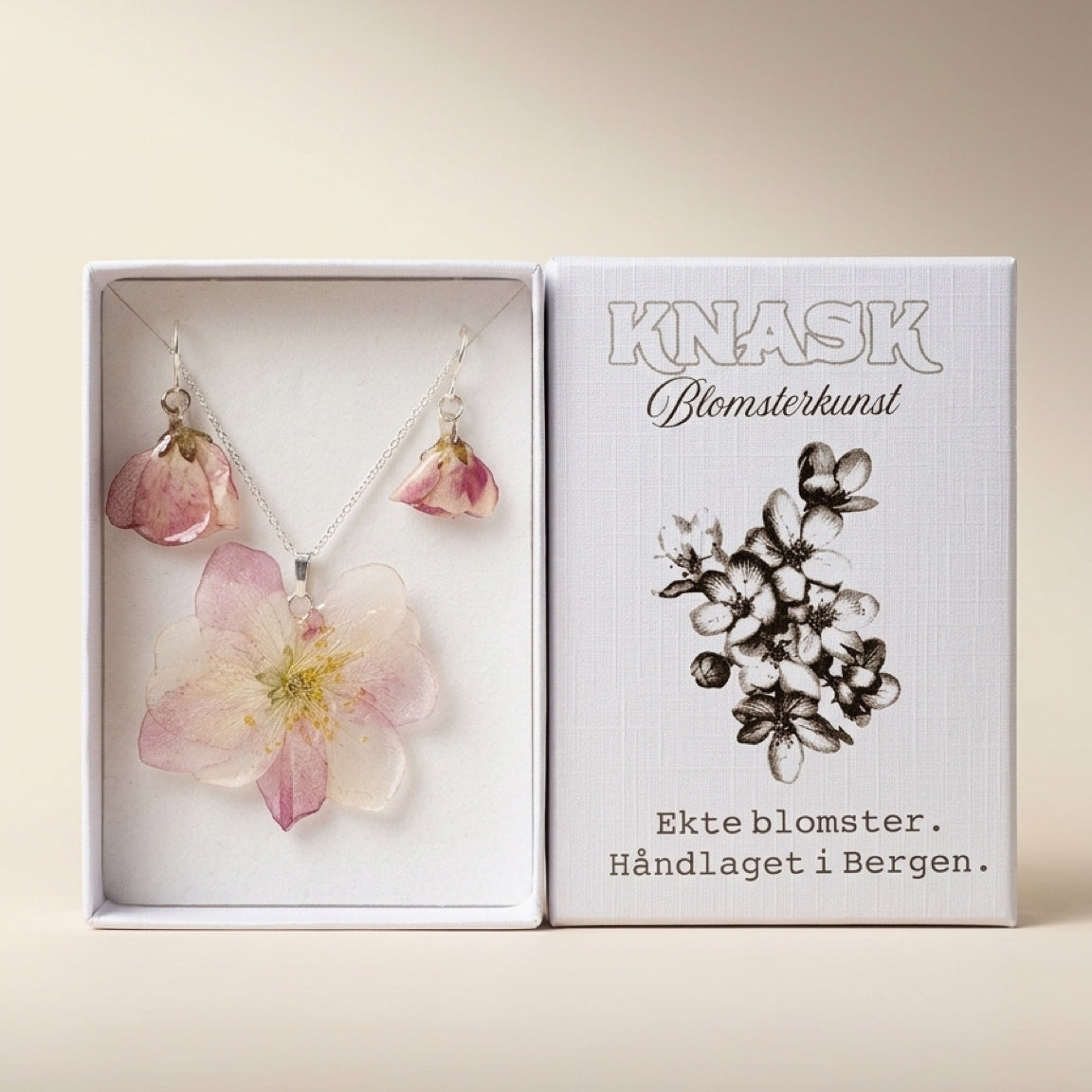 EPLEBLOMST gavesett - ekte tørkede blomster, sølv, gravert gaveeske