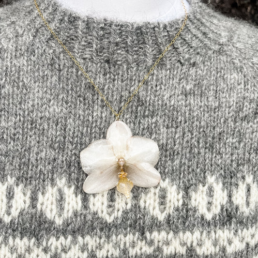 BEIGE ORKIDÉ blomstersmykke, ekte 3D-tørkrt blomst, 925 sølvkjede