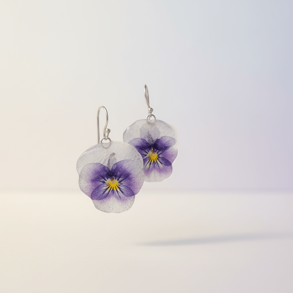 ÅSE fiol øredobber, ekte tørkede blomster Viola tricolor, 925 sølv - Øredobber KNASK