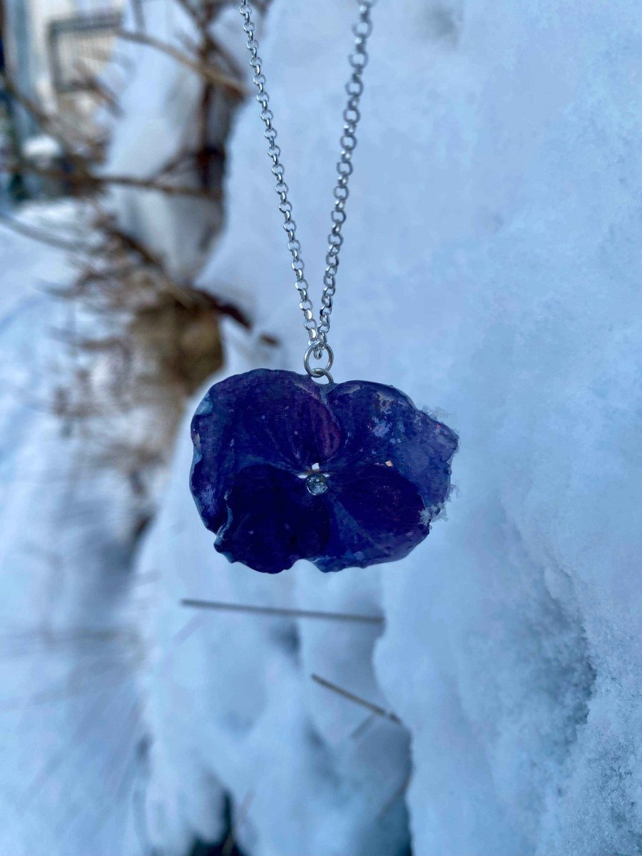 Blålila hortensia-smykke, 925 sølvkjede - KNASK