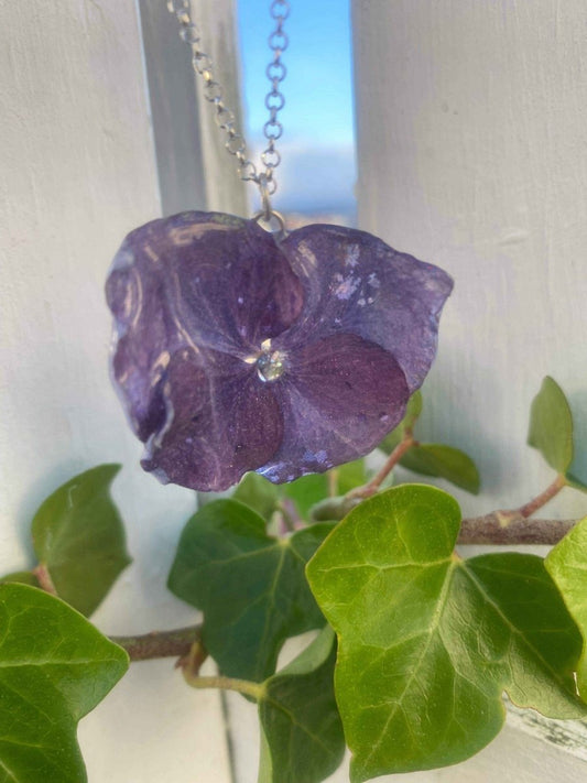 Blålila hortensia-smykke, 925 sølvkjede - KNASK